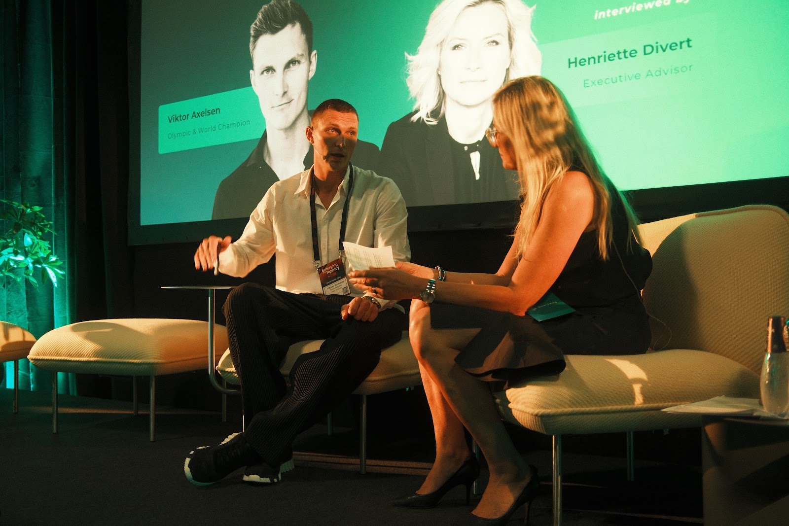 Two speakers in conversation on stage at Board Summit 2026